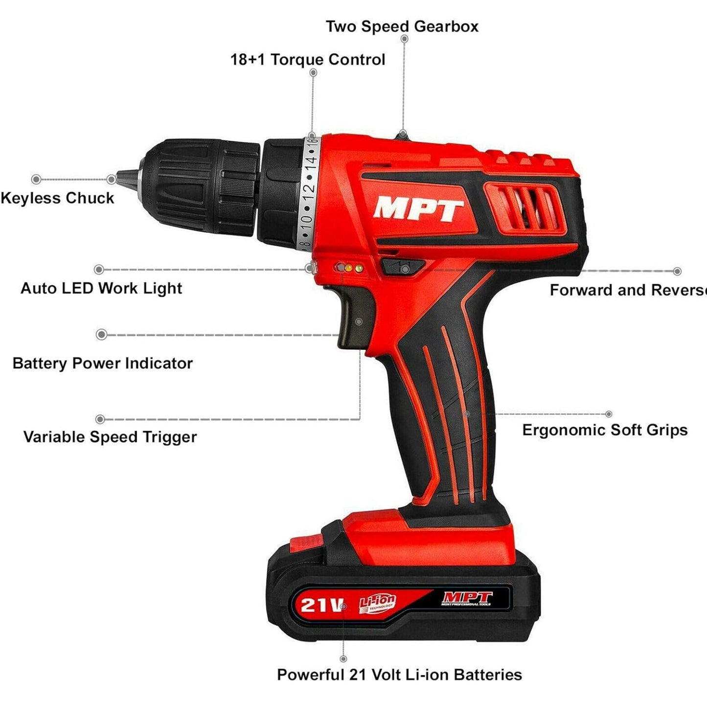MPT LI-ION cordless drill for screwing and drilling