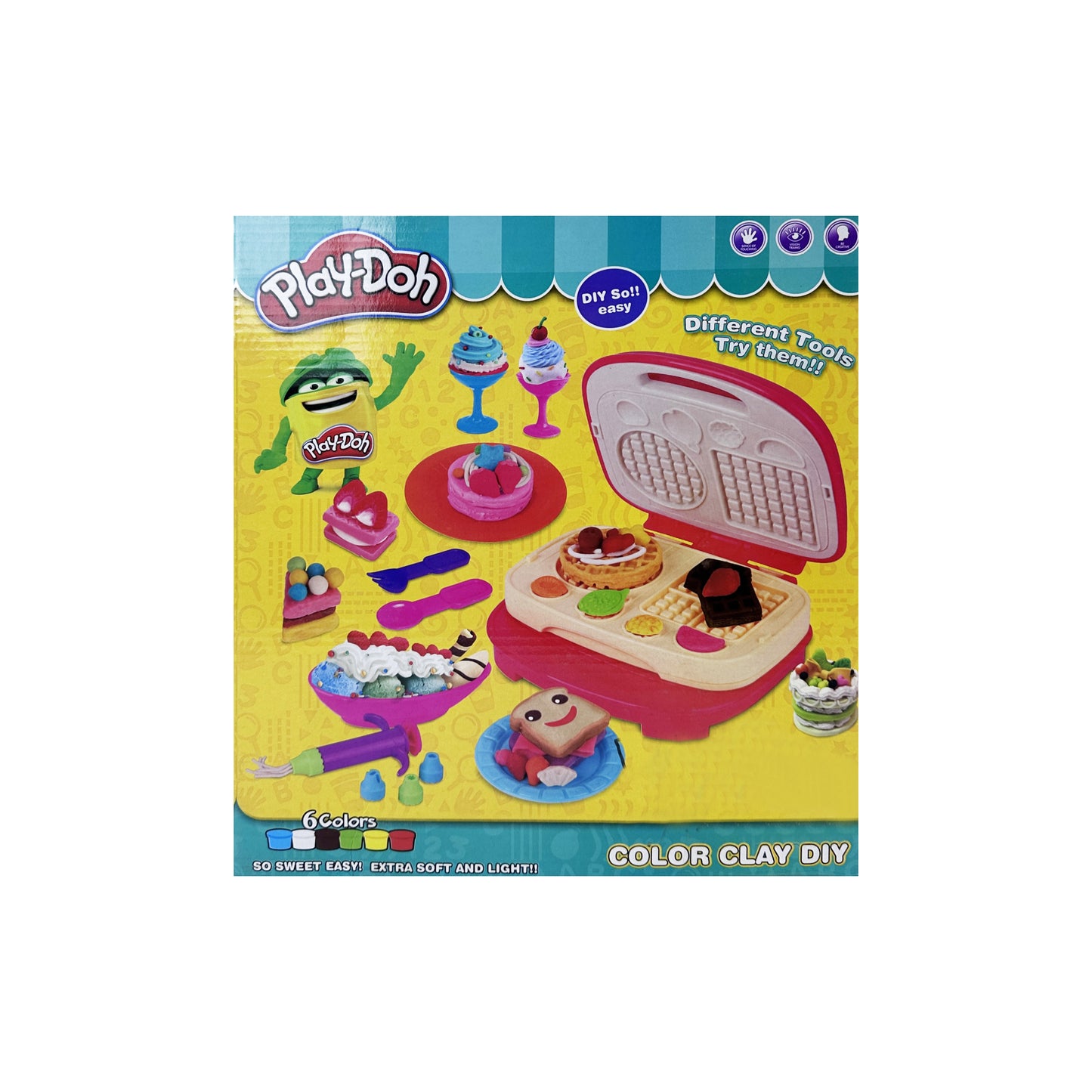 Modeling Clay 6 colors Yellow, Green, Blue, Red, White and Brown With an Extra Waffle Maker And different Tools