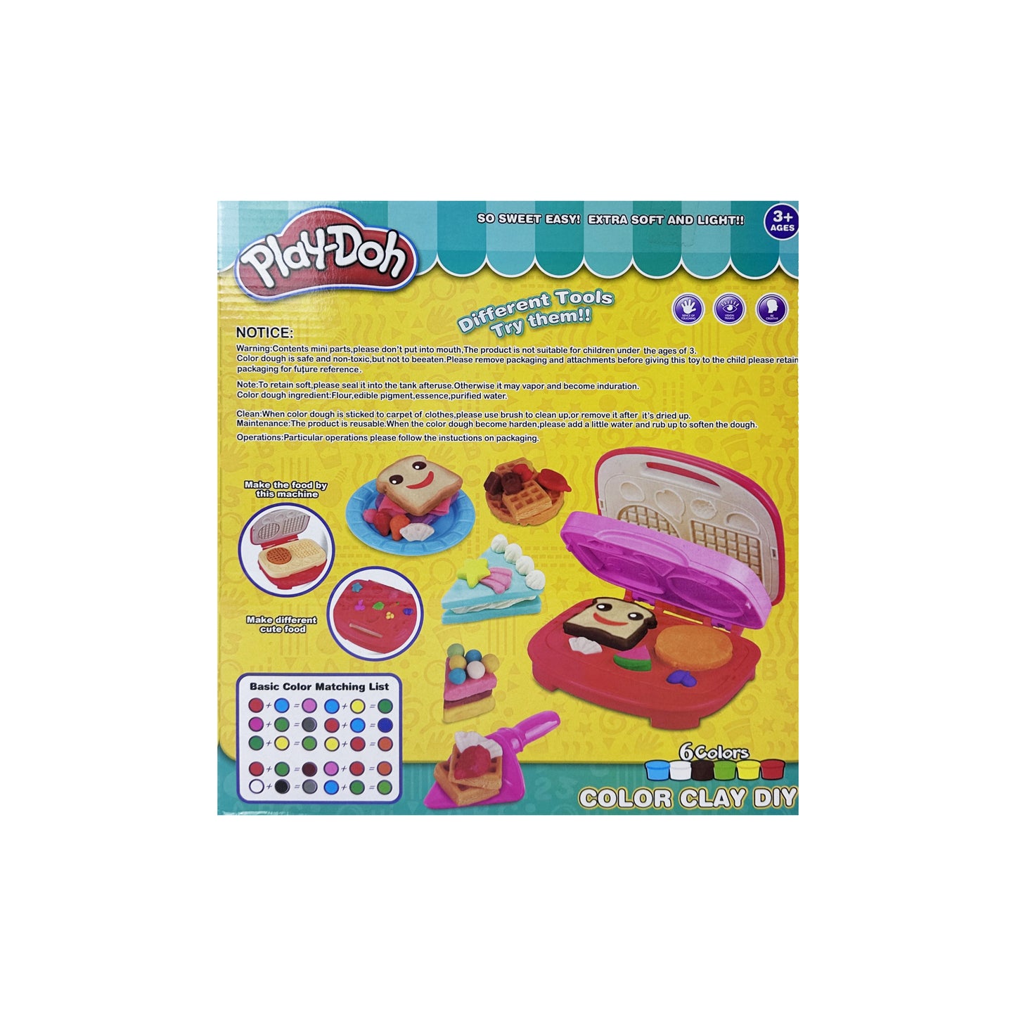 Modeling Clay 6 colors Yellow, Green, Blue, Red, White and Brown With an Extra Waffle Maker And different Tools
