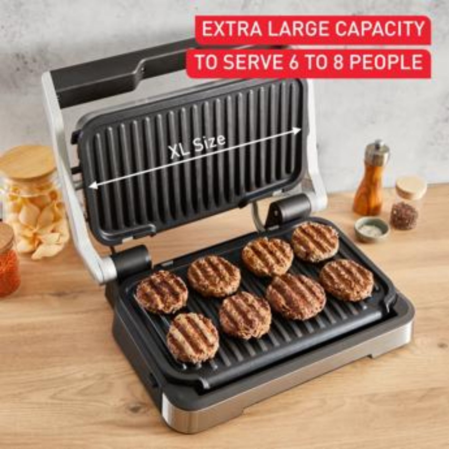 Tefal OptiGrill 2-in-1 XL contact barbecue, foldable, 12 programs, cooking level display, removable XL plates, electric barbecue, silver