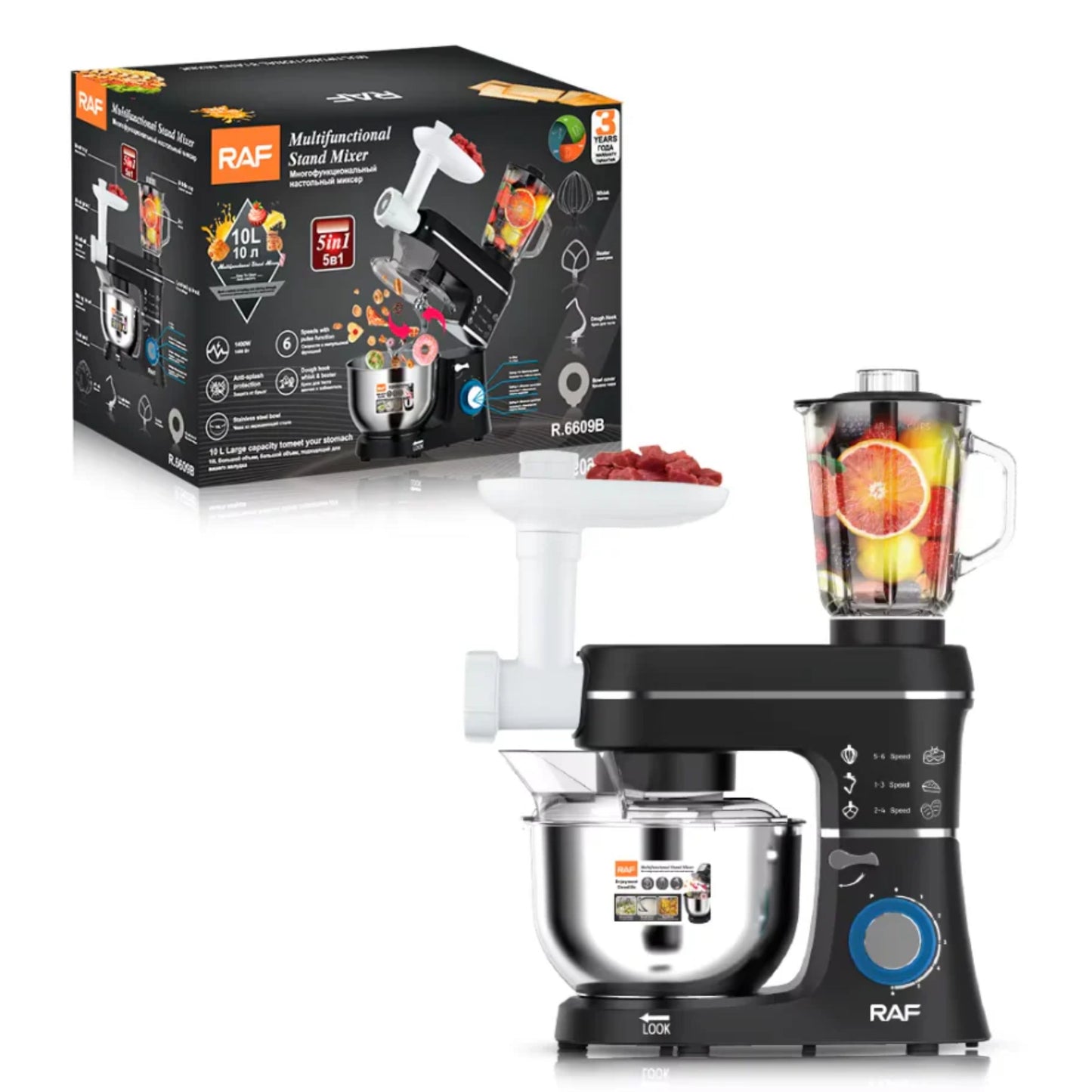 RAF 3‑in‑1 Stand Mixer 1400W, 10L Stainless Steel Bowl