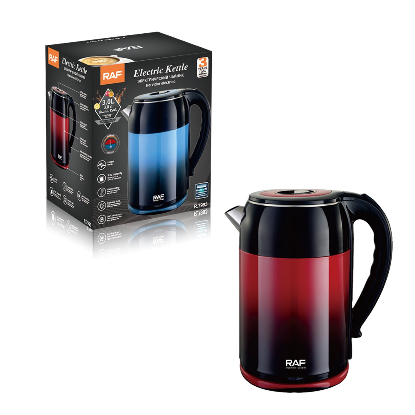 RAF 3L Electric Kettle 1600W with Gradient Color Stainless Steel Housing Indicator Light Automatic Portable Household Rapid Boiling
