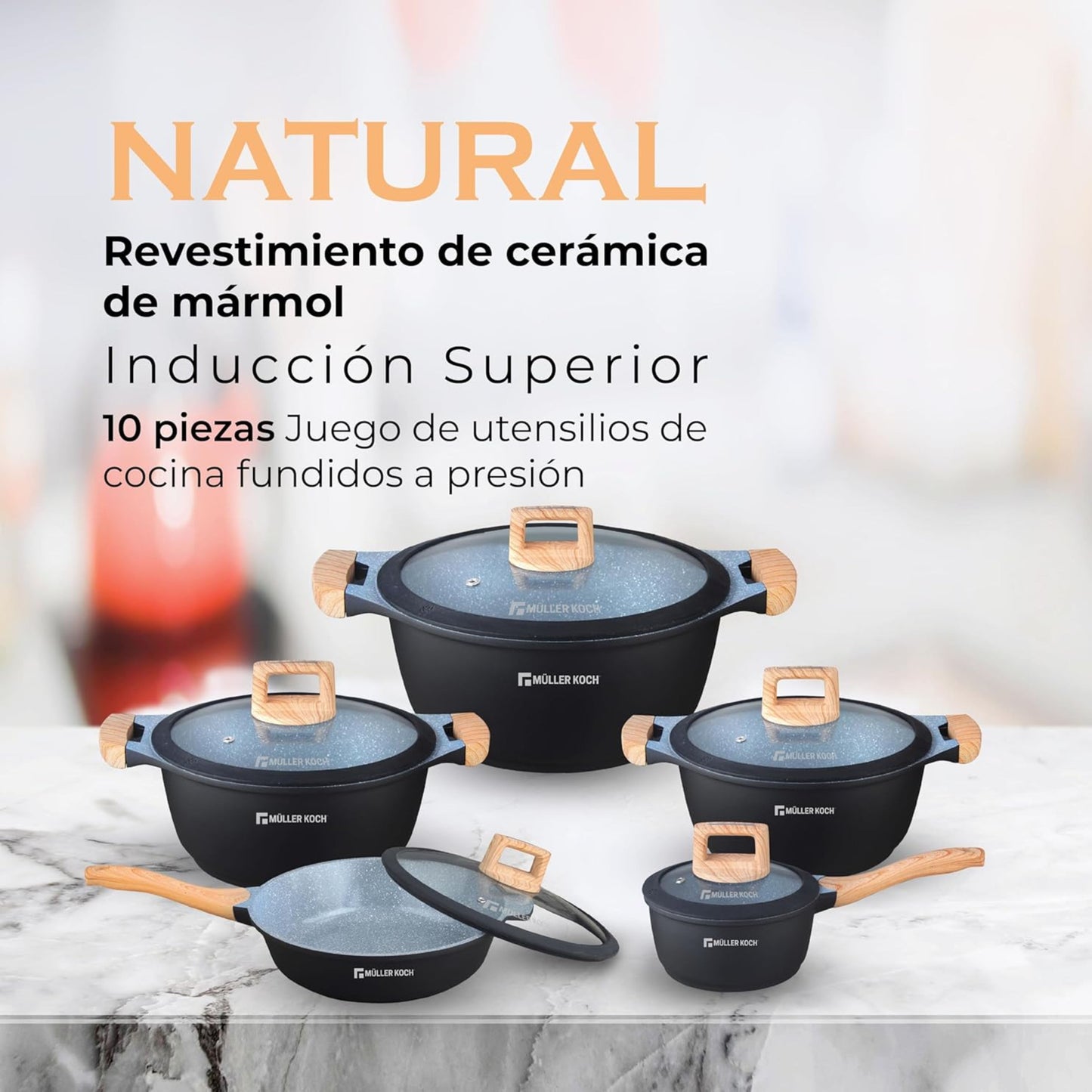 Müller Kitchen 10-Piece Marble Coated Induction Cookware Set - Beige