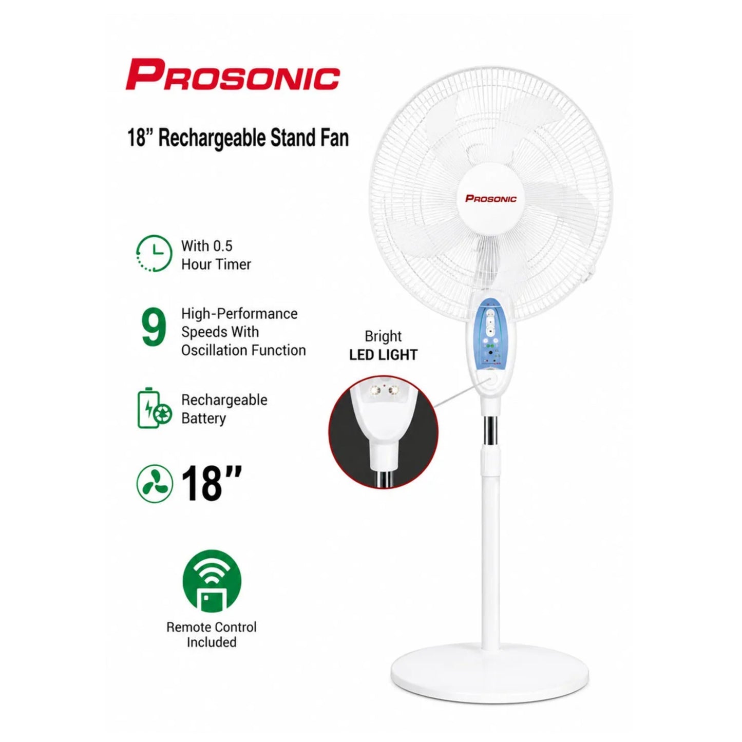 Prosonic 18" Rechargeable Dual Power Stand Fan with LED Light & Remote