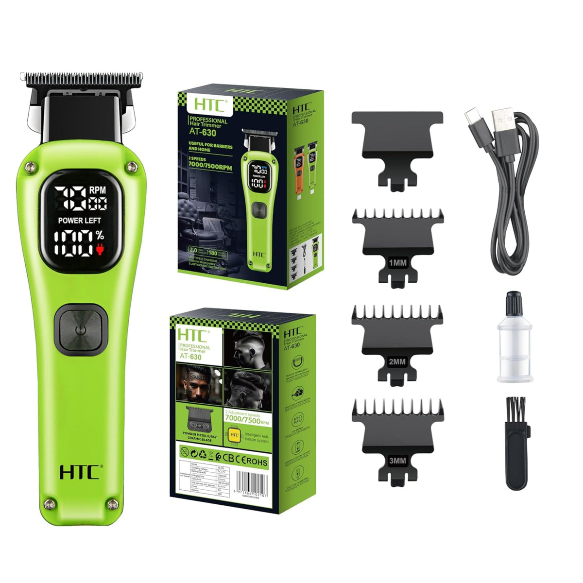 HTC AT-630 Professional Hair Clipper for Men | USB Rechargeable Trimmer with Digital Display | 180 Min Runtime | Adjustable Blade | Cordless Grooming Kit