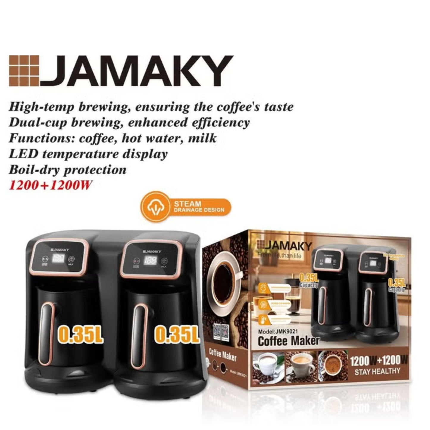amky Dual Coffee Maker 0.35L per cup - 1200+1200W, LED temperature display, stylish black design with copper accents