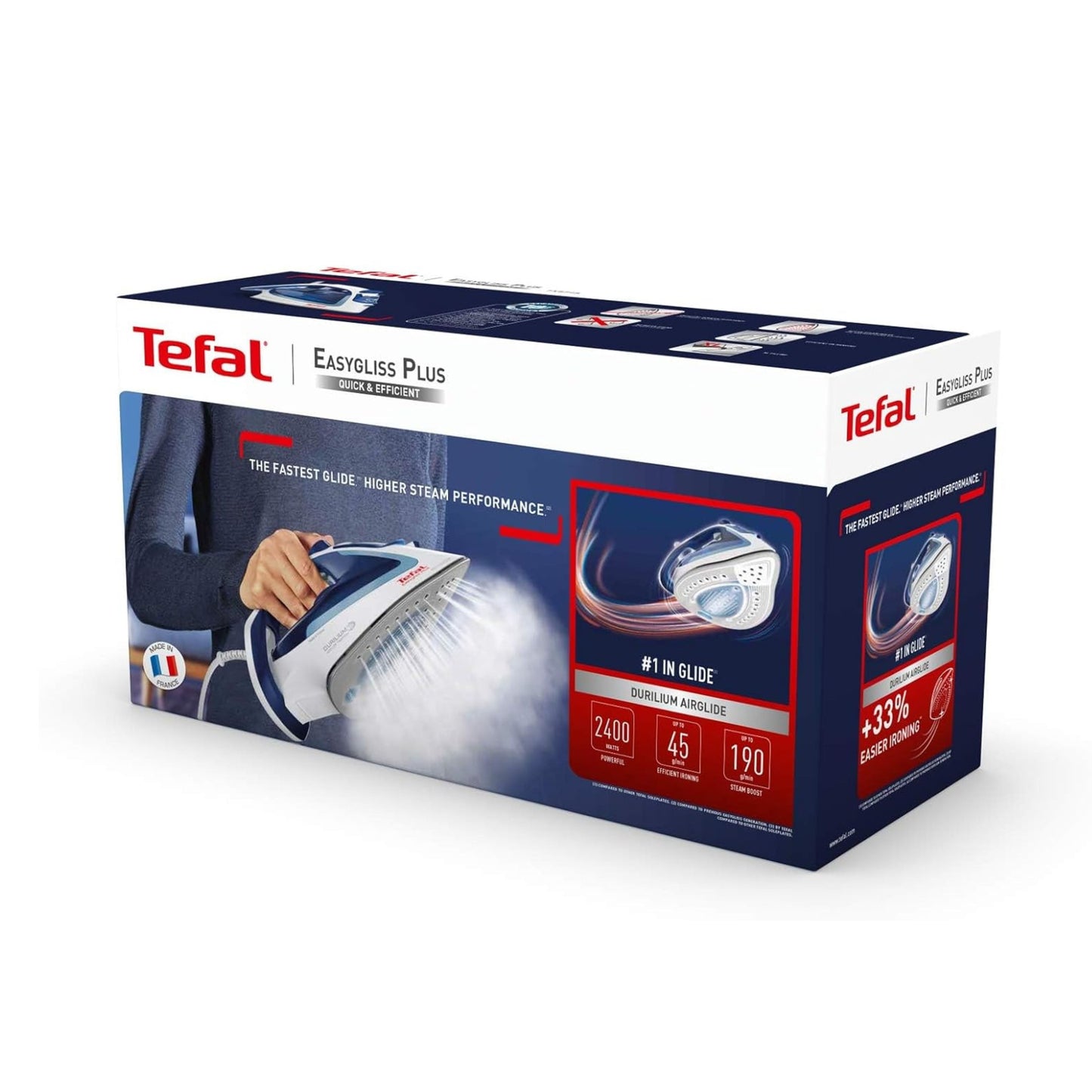 Tefal easygliss durilium airglide soleplate steam iron, 2400 watts, blue/white,