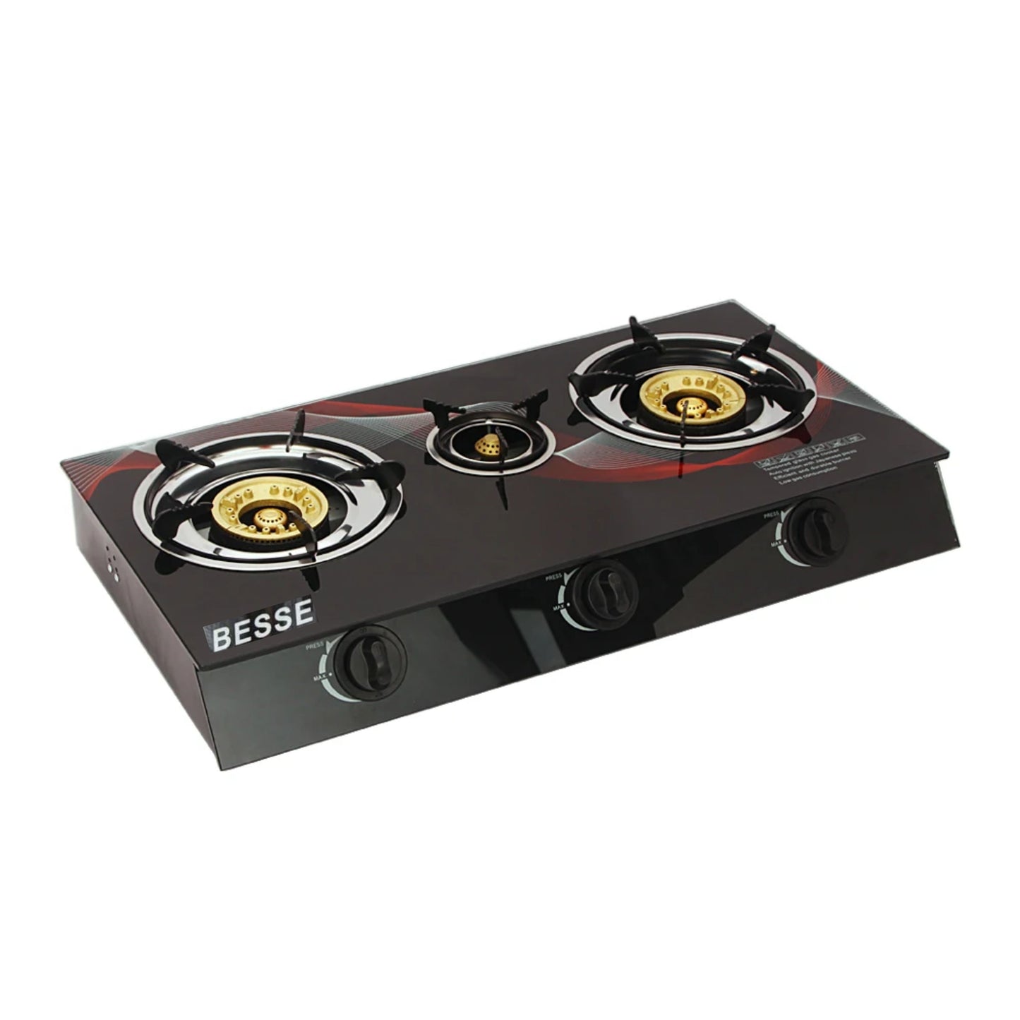 Besse Gas Stove, Tempered Glass 3 Burner Black Cooker