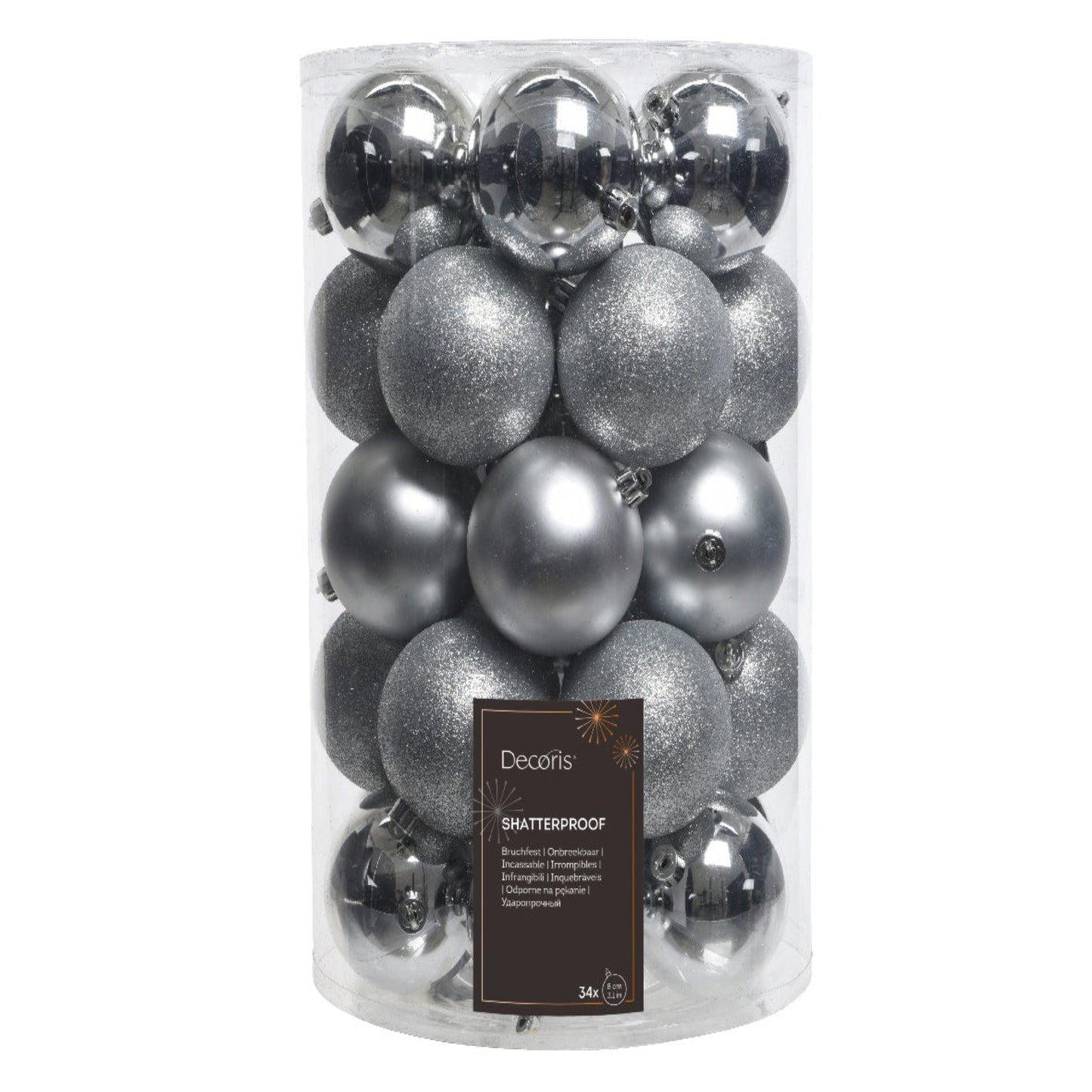 Baubles shatterproof shiny, matt, glitter, crinckle mix 34pcs 8cm
