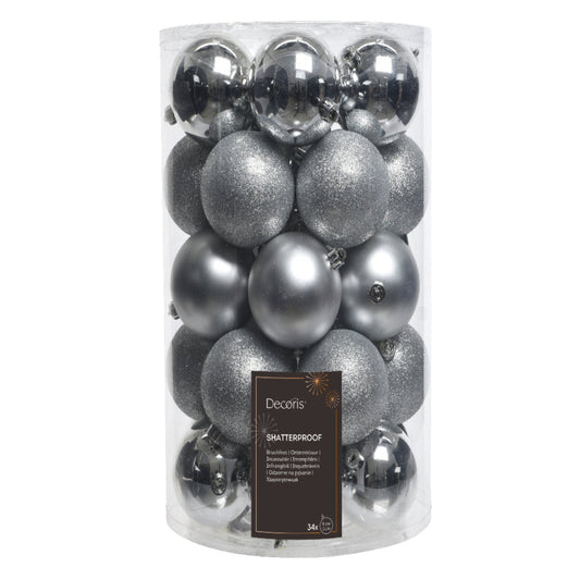 Baubles shatterproof shiny, matt, glitter, crinckle mix 34pcs 8cm
