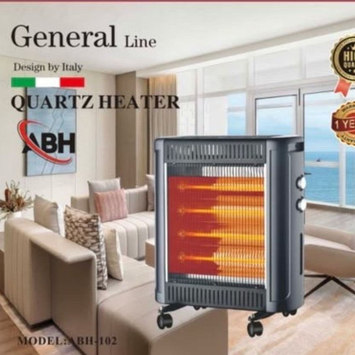 General Line, Quartz Heater 4 large lamps,600W, 1200W,1800W,2400W, adjustable thermostat, safety available, with 4 wheels,