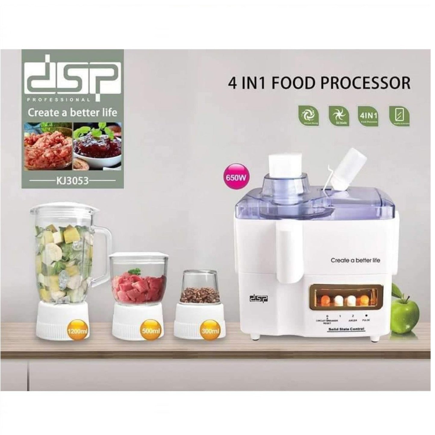 DSP, 4 In 1 Glass Food Processor 650 W