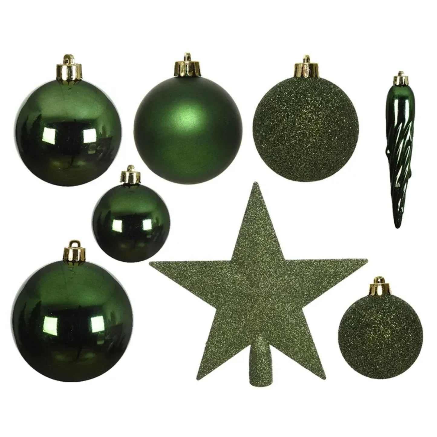 Baubles shatterproof matt, shiny, glitter mix Green 33pcs 8cm