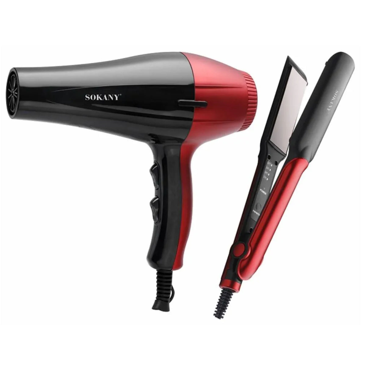 Set Of Sokany Hair Dryer 2400 Watts And Hair Straightener 230°C, Black Red - SK-14044