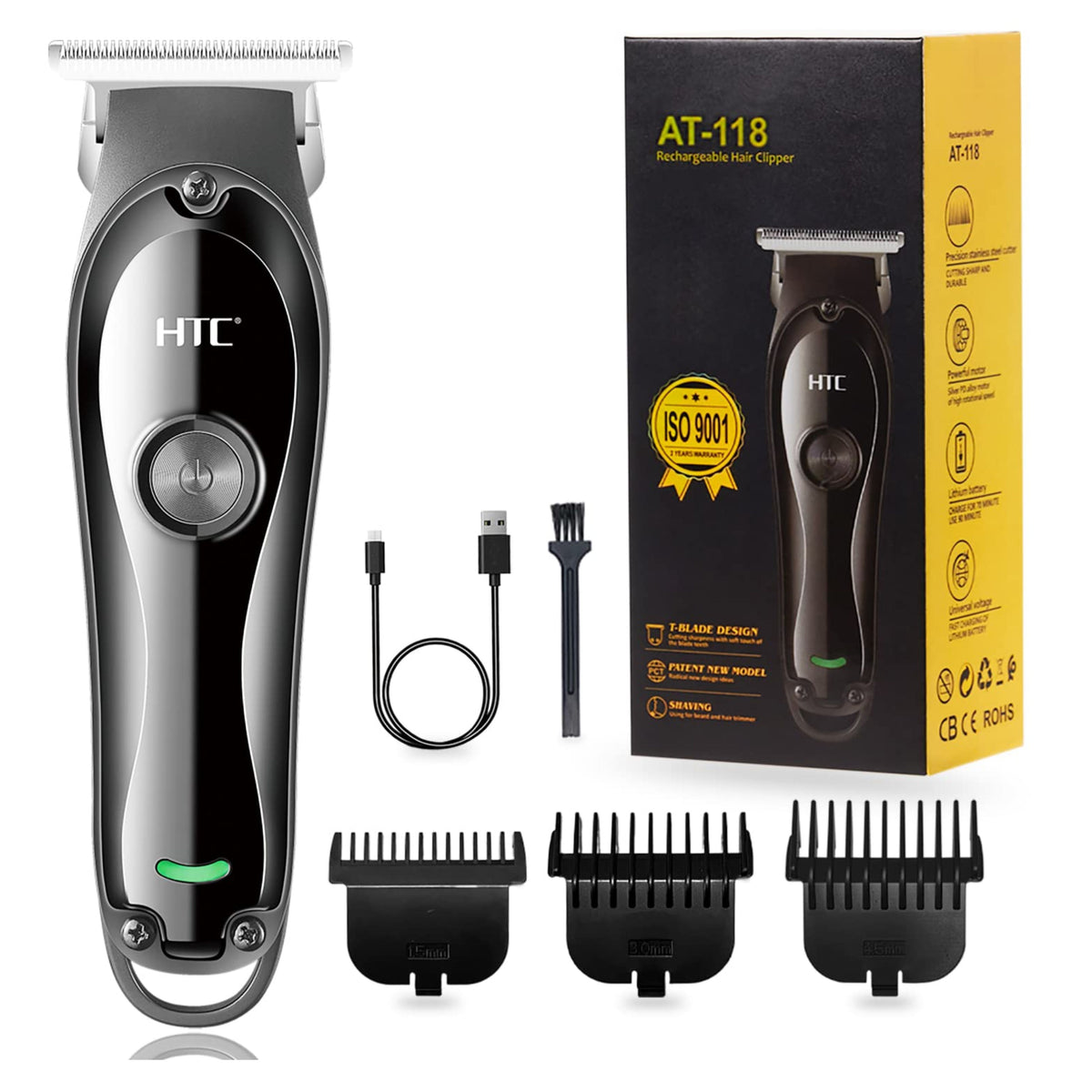 Htc Men'S Electric Hair Trimmer With 2 Speed Settings, 3 Combs, Trimmer, Beard Usb Rechargeable, Mains/Battery Operated
