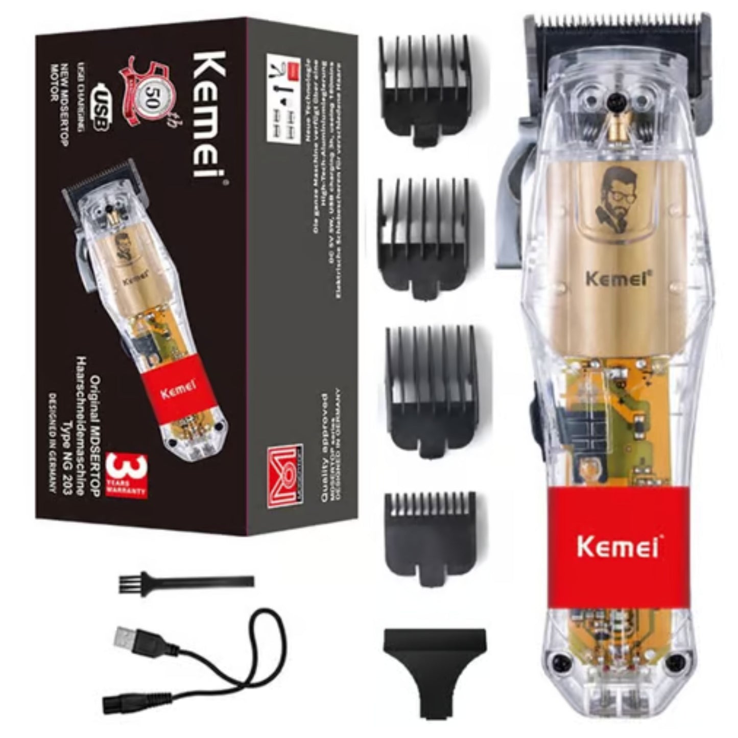 Kemei Barber Professional Hair Trimmer Transparent Powerful Precision Fade Hair Clipper Electric Hair Cutting Machine