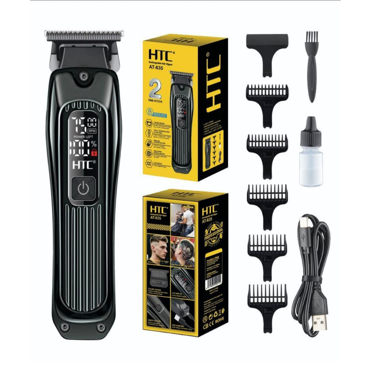 Htc At118 Men'S Electric Hair Trimmer With 2 Speed Settings, 3 Combs, Trimmer, Beard Usb Rechargeable, Mains/Battery Operated