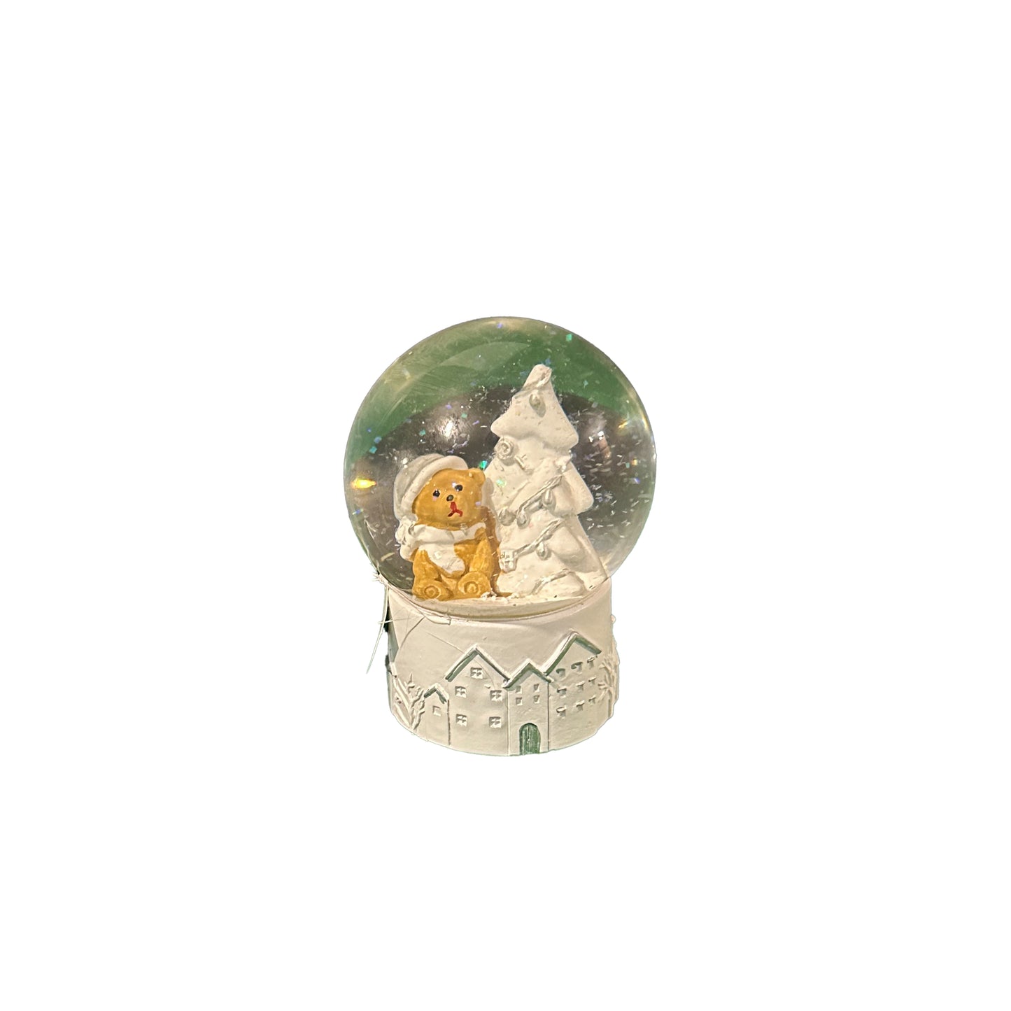 christmas snow globe with snowy tree and bear