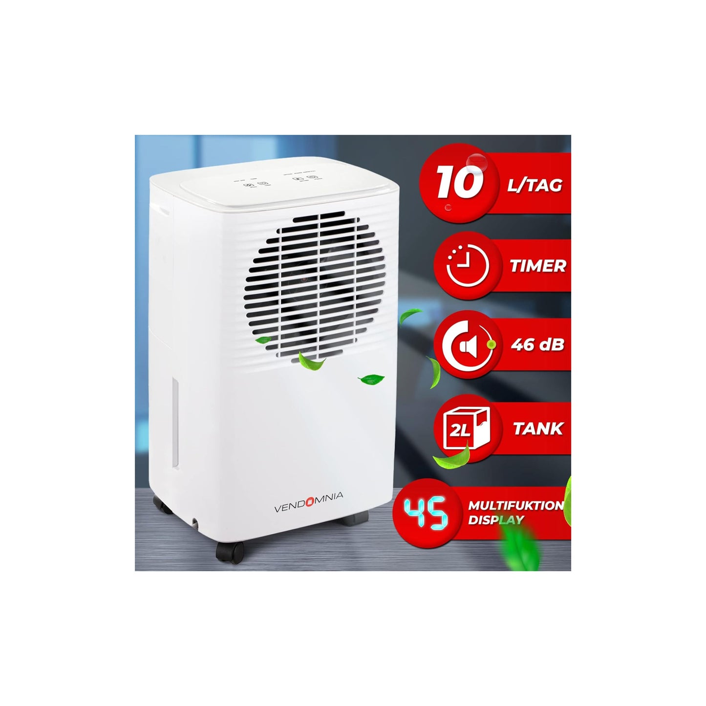 Vendomnia Dehumidifier - 10 L/Day, 2 L Container, up to 15 m², Electric, Digital Display, Timer, Auto Mode