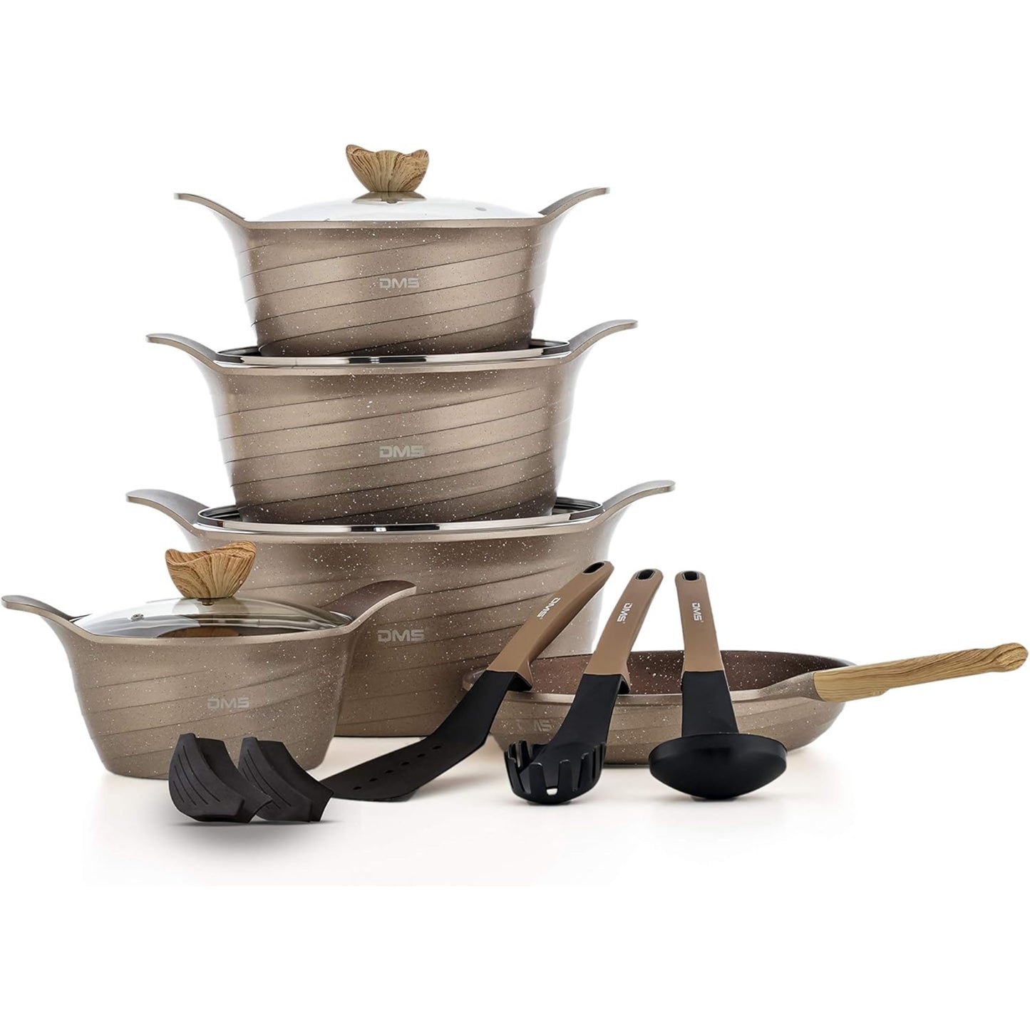 shinny Greige - DMS 16-Piece Induction Cookware Set (Pots, Saucepan, Sauté Pan, Soup Pot with Glass Lids, 3 Kitchen Utensils, 4 Silicone Handles, Removable Coating)
