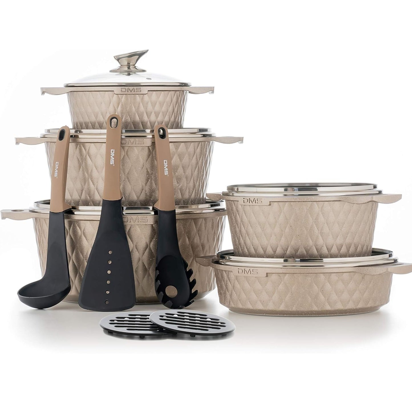 CHAMPAGNE - DMS® 15-Piece Induction Cookware Set Pots Casserole Soup Pot with Glass Lid 3 Kitchen Utensils 2 Pot Coasters Marbel Coating Dishwasher Safe