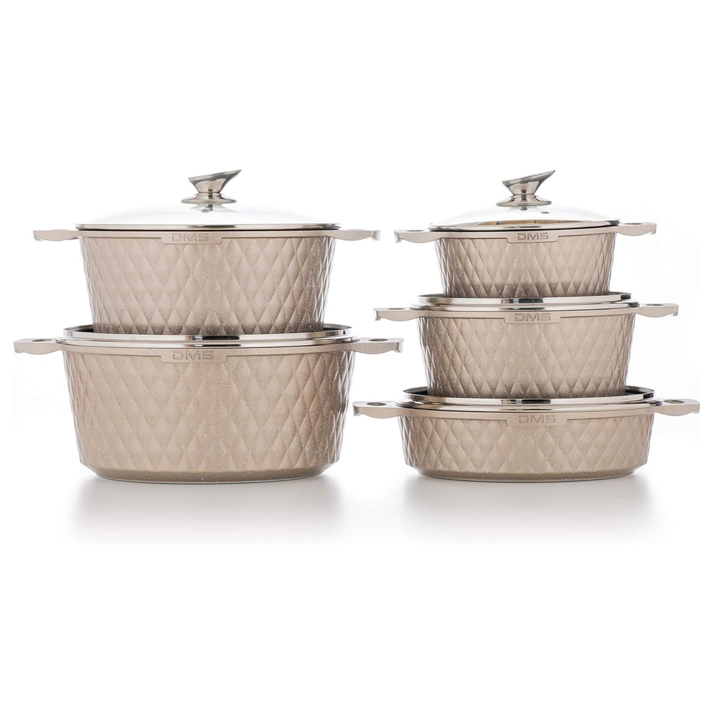 CHAMPAGNE - DMS® 15-Piece Induction Cookware Set Pots Casserole Soup Pot with Glass Lid 3 Kitchen Utensils 2 Pot Coasters Marbel Coating Dishwasher Safe