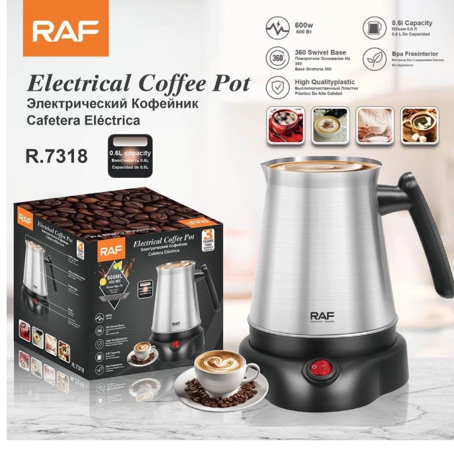 RAF Electric Coffee Pot 600W | 600ML Stainless Steel Turkish & Arabic Coffee Maker