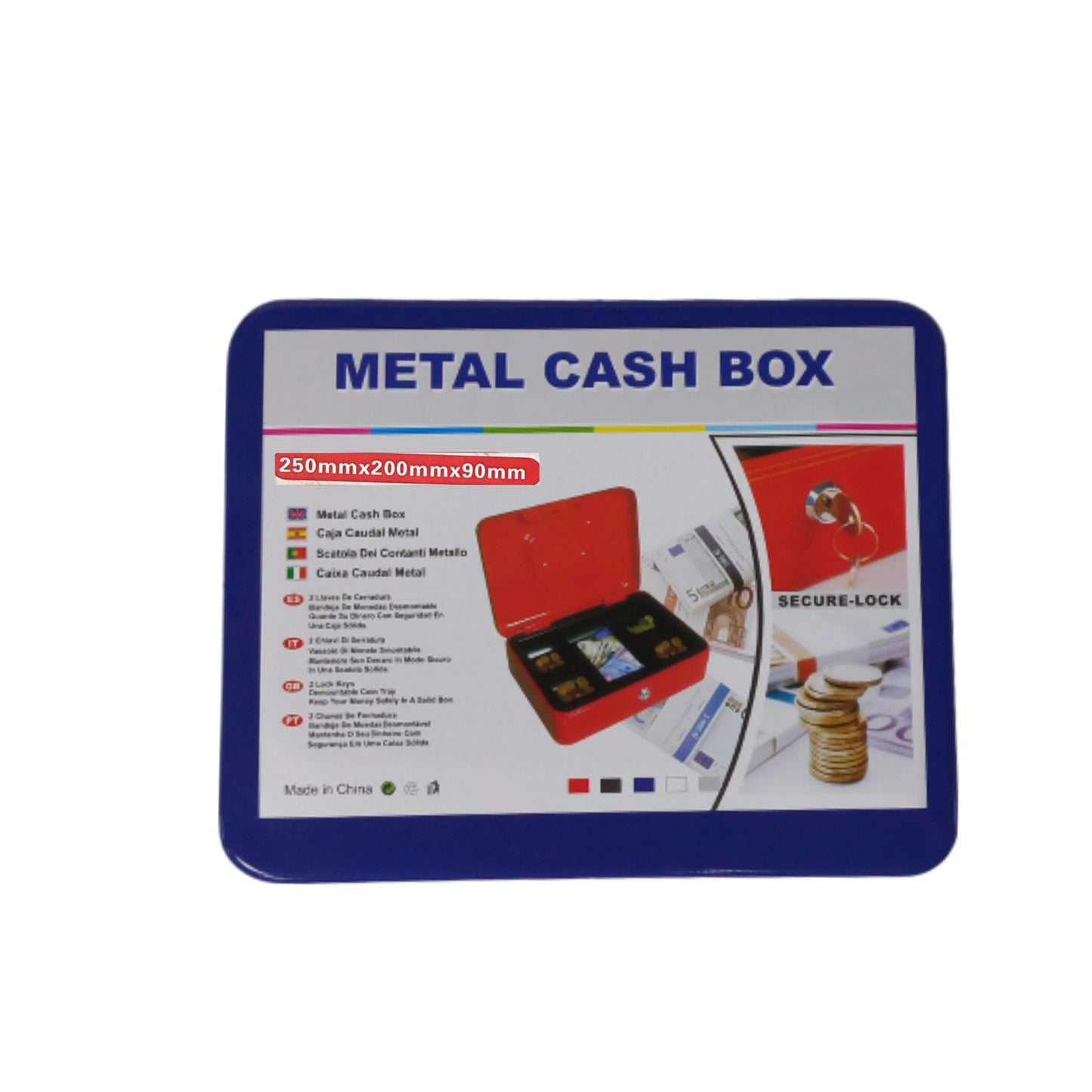 Metal cashboxes red - blue - black available in 2 sizes