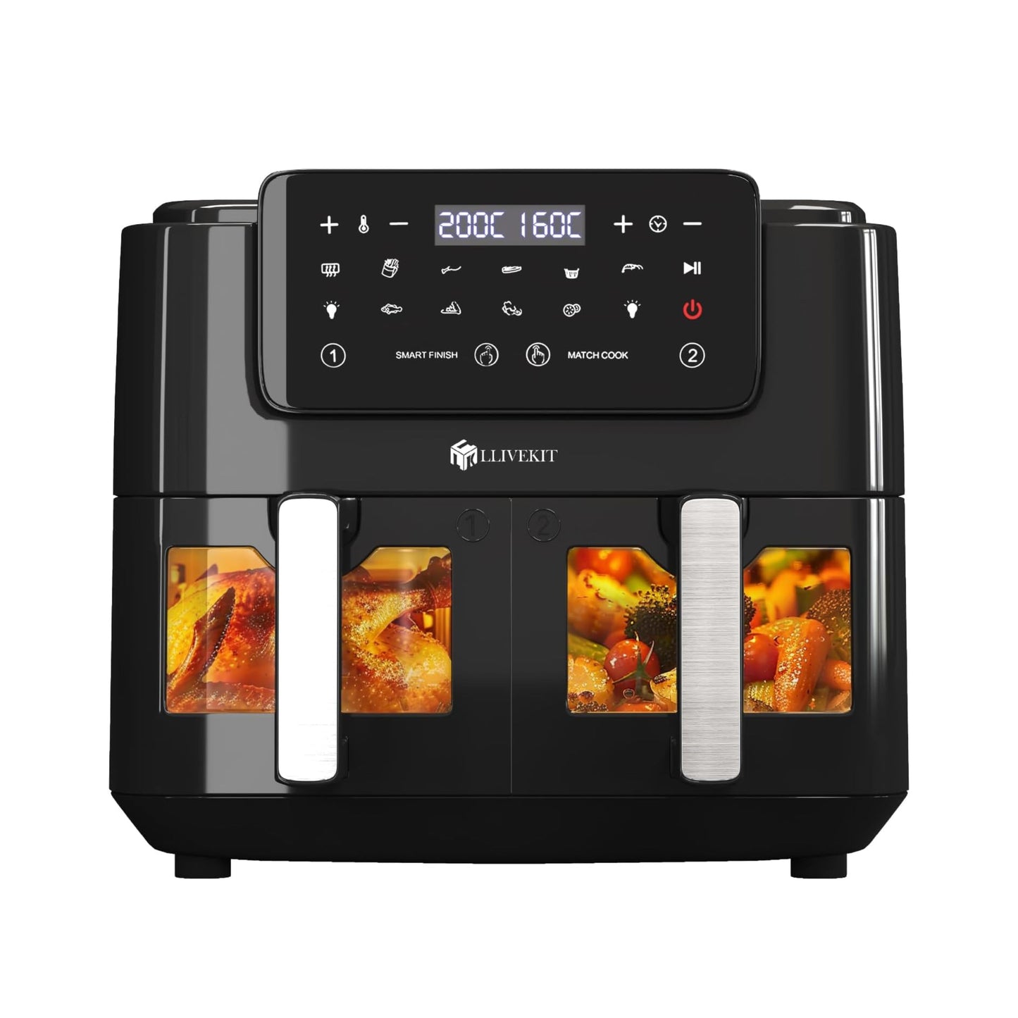 LLIVEKIT 9L Hot Air Fryer, 2 Chambers with Viewing Window, XXL Oven without Oil, Airfryer 9-in-1, Hot Air Oven with Touch Screen, Timer Function