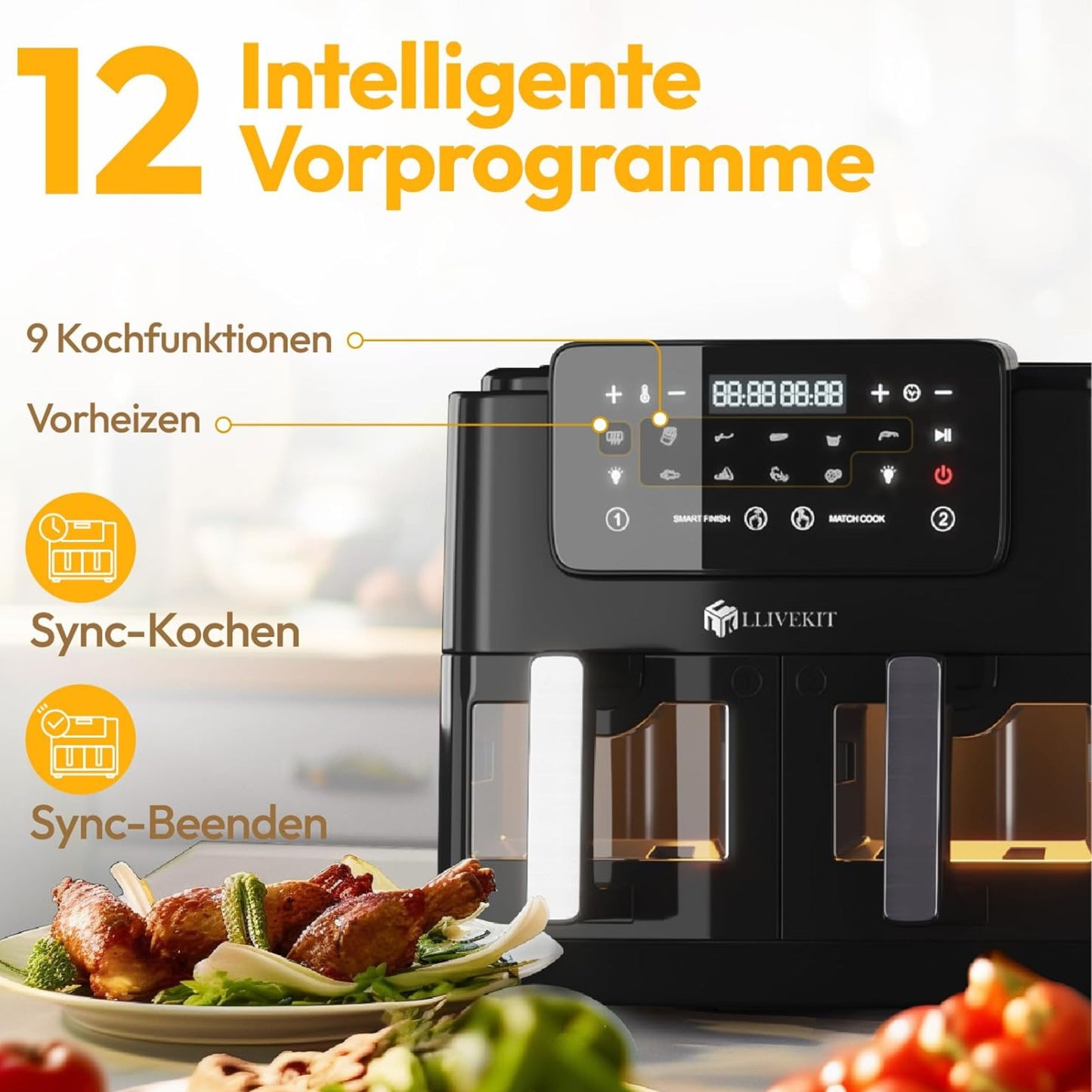 LLIVEKIT 9L Hot Air Fryer, 2 Chambers with Viewing Window, XXL Oven without Oil, Airfryer 9-in-1, Hot Air Oven with Touch Screen, Timer Function