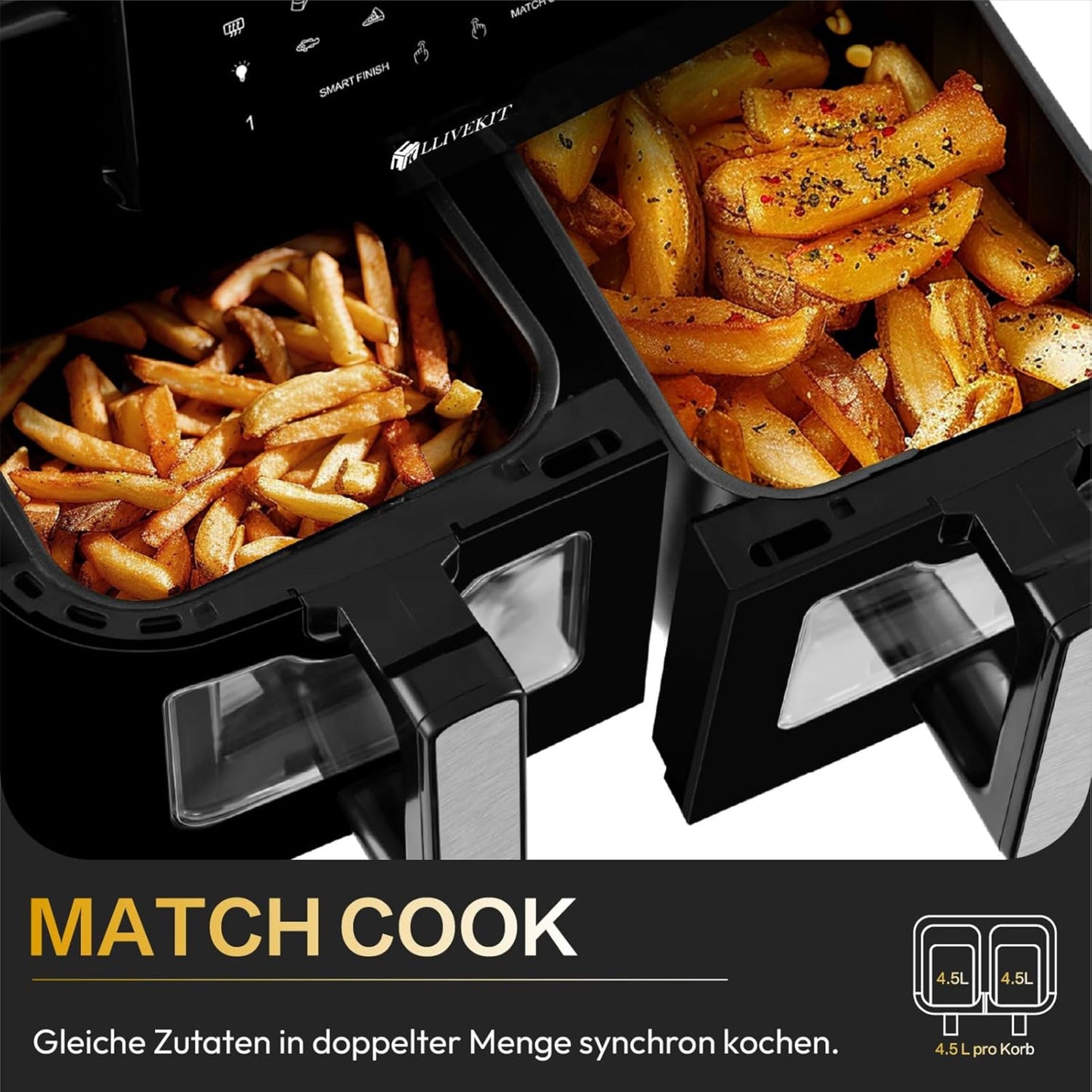 LLIVEKIT 9L Hot Air Fryer, 2 Chambers with Viewing Window, XXL Oven without Oil, Airfryer 9-in-1, Hot Air Oven with Touch Screen, Timer Function