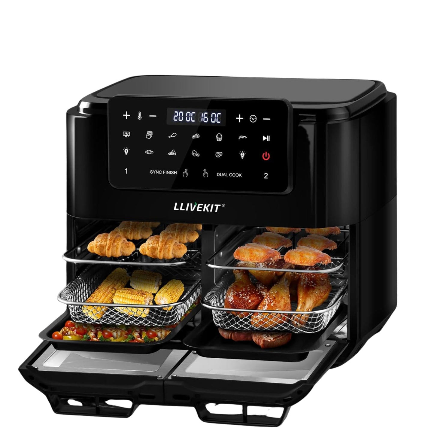 LLIVEKIT Dual Zone Hot Air Fryer, 12L, Separable Partition, Suitable for Cooking 12 Litre Dual Zone, Viewing Window, Interior Lighting, 10 Programs