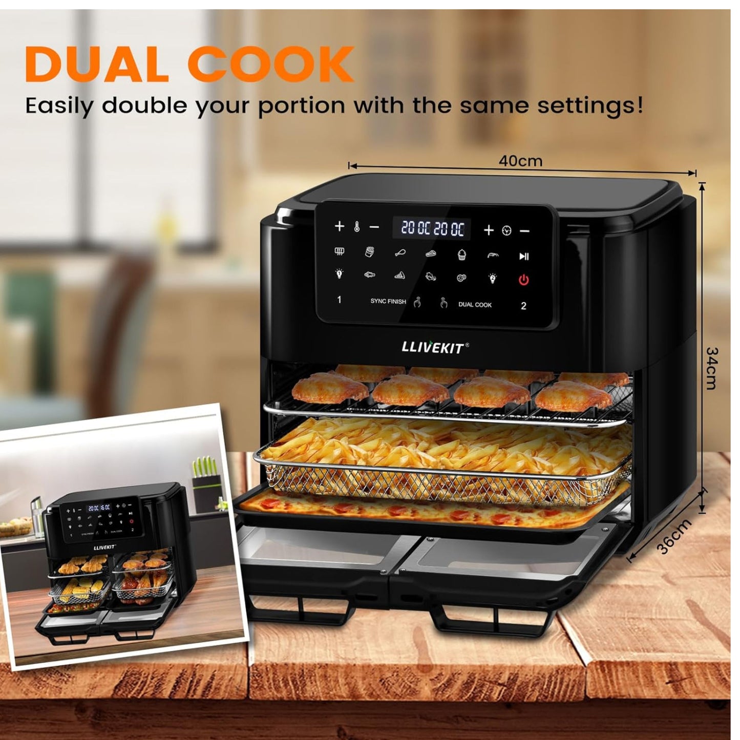 LLIVEKIT Dual Zone Hot Air Fryer, 12L, Separable Partition, Suitable for Cooking 12 Litre Dual Zone, Viewing Window, Interior Lighting, 10 Programs