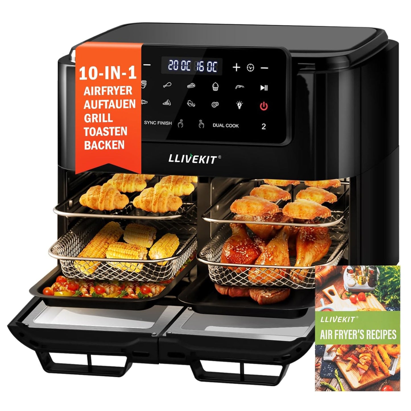 LLIVEKIT Dual Zone Hot Air Fryer, 12L, Separable Partition, Suitable for Cooking 12 Litre Dual Zone, Viewing Window, Interior Lighting, 10 Programs