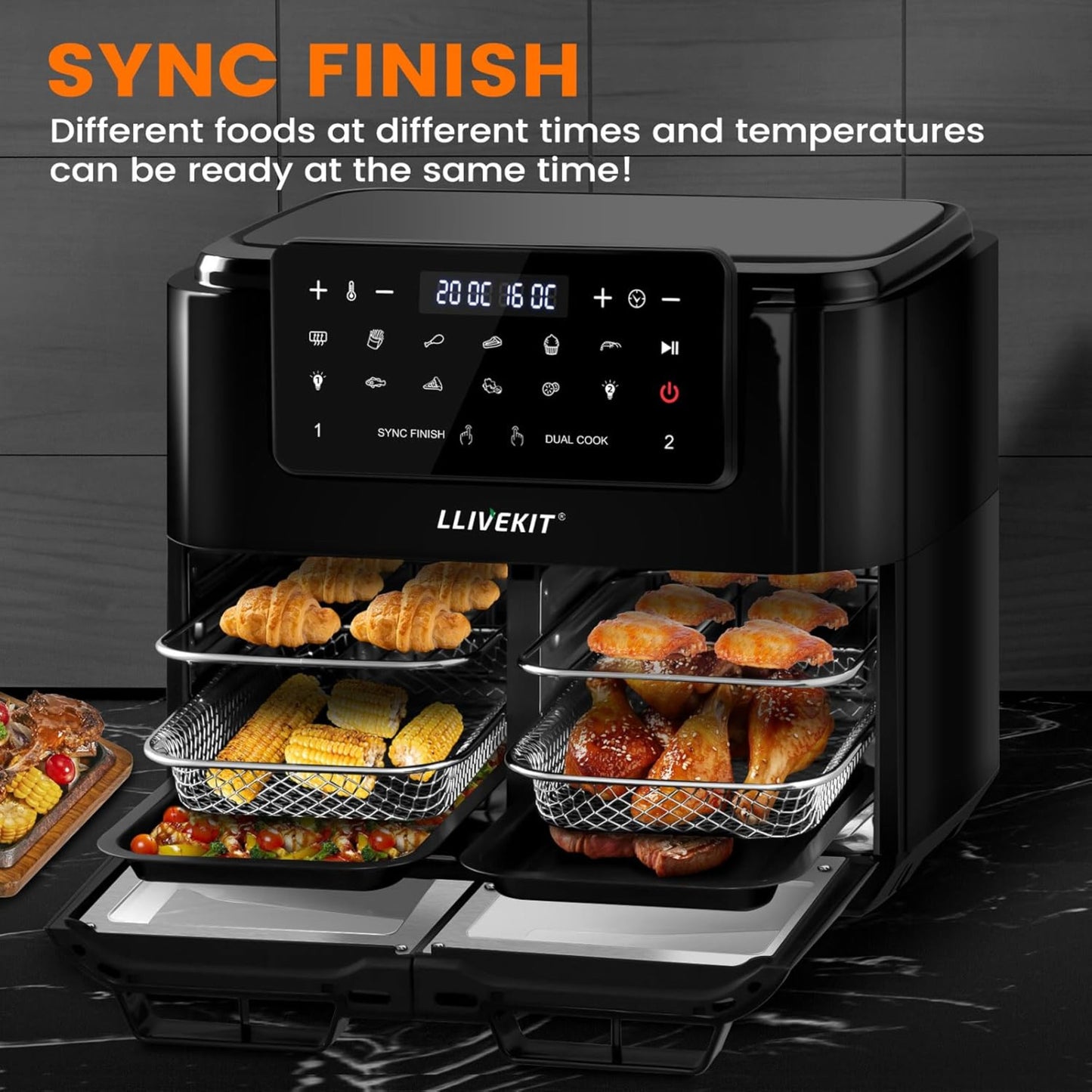 LLIVEKIT Dual Zone Hot Air Fryer, 12L, Separable Partition, Suitable for Cooking 12 Litre Dual Zone, Viewing Window, Interior Lighting, 10 Programs