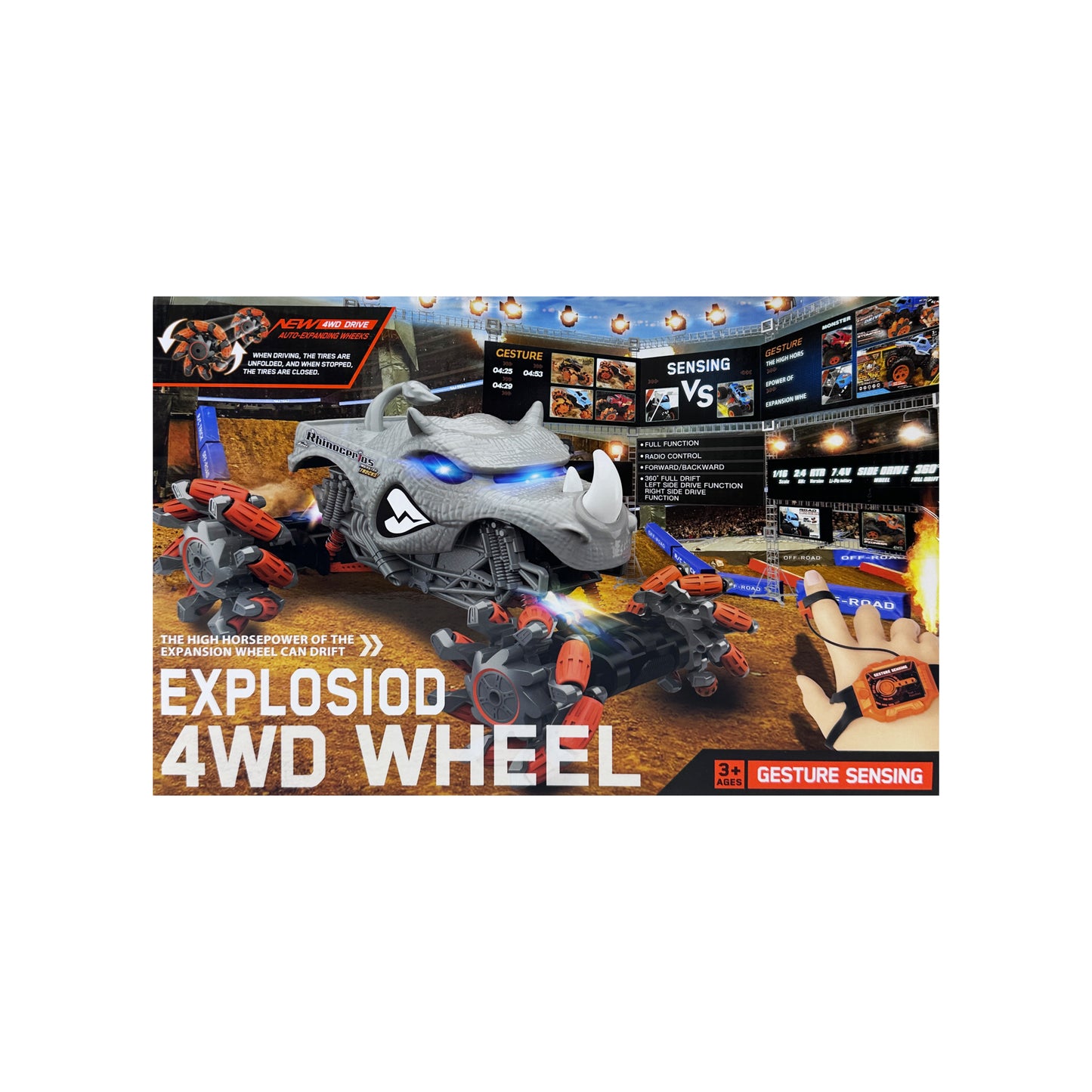Remote Control Monster Car Explosion 4WD Wheel Colorful Lights And Music 2.4GHz Yellow With Horns