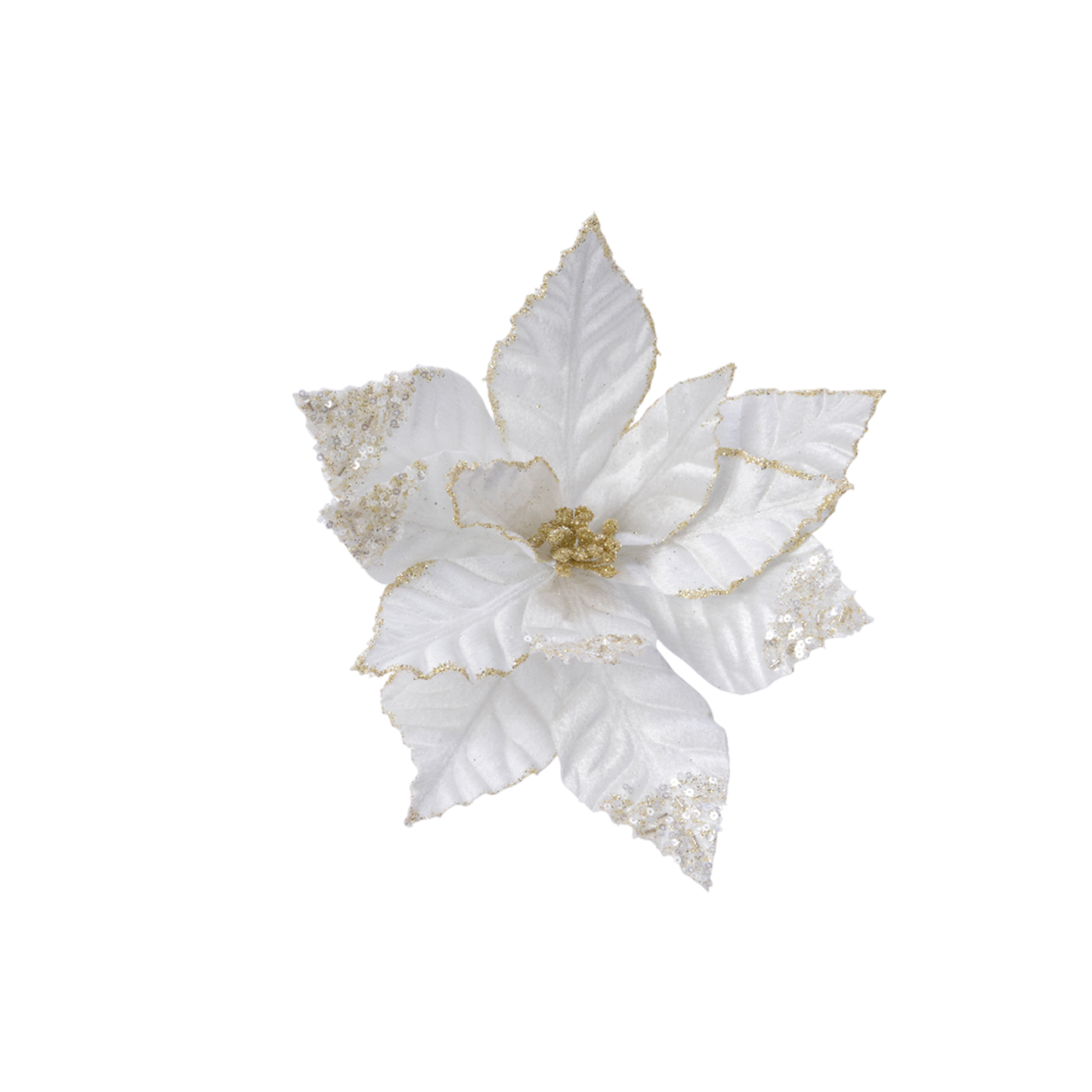 Poinsettia on clip polyester glitter with spangles with plastic flowerhead H.5cm D.27cm