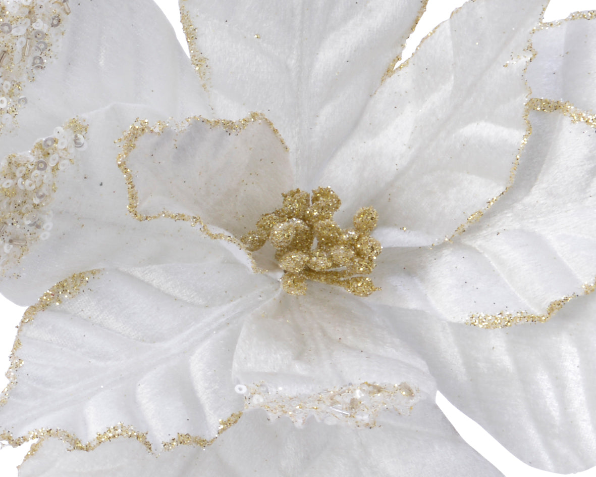 Poinsettia on clip polyester glitter with spangles with plastic flowerhead H.5cm D.27cm