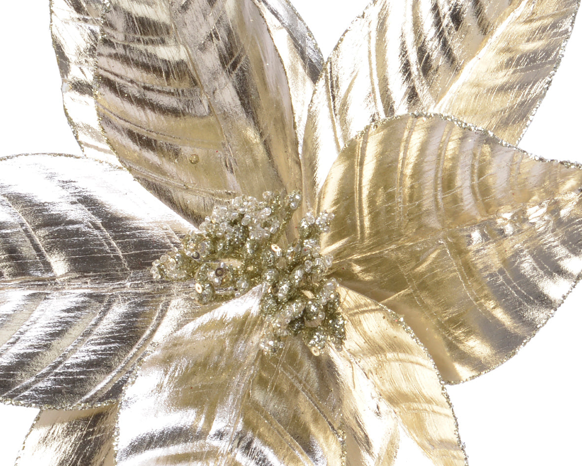 Poinsettia on clip polyester glitter with spangles with plastic flowerhead H.5cm D.27cm