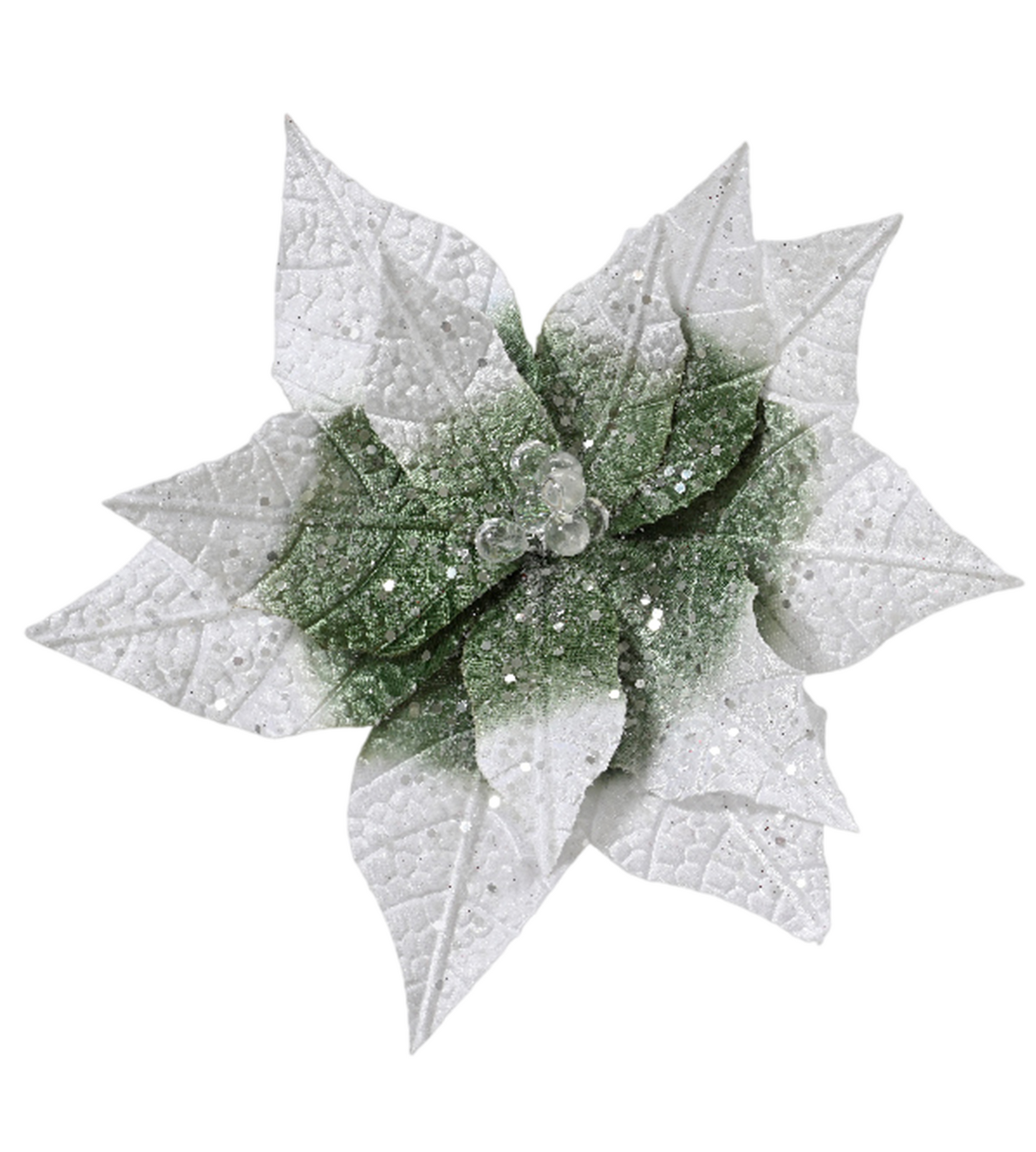 Poinsettia on clip polyester velvet plastic bead center w glitter sparkle on petal H.16cm D.28cm