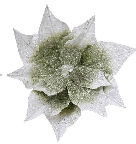 Poinsettia on clip polyester velvet plastic bead center w glitter sparkle on petal H.16cm D.28cm