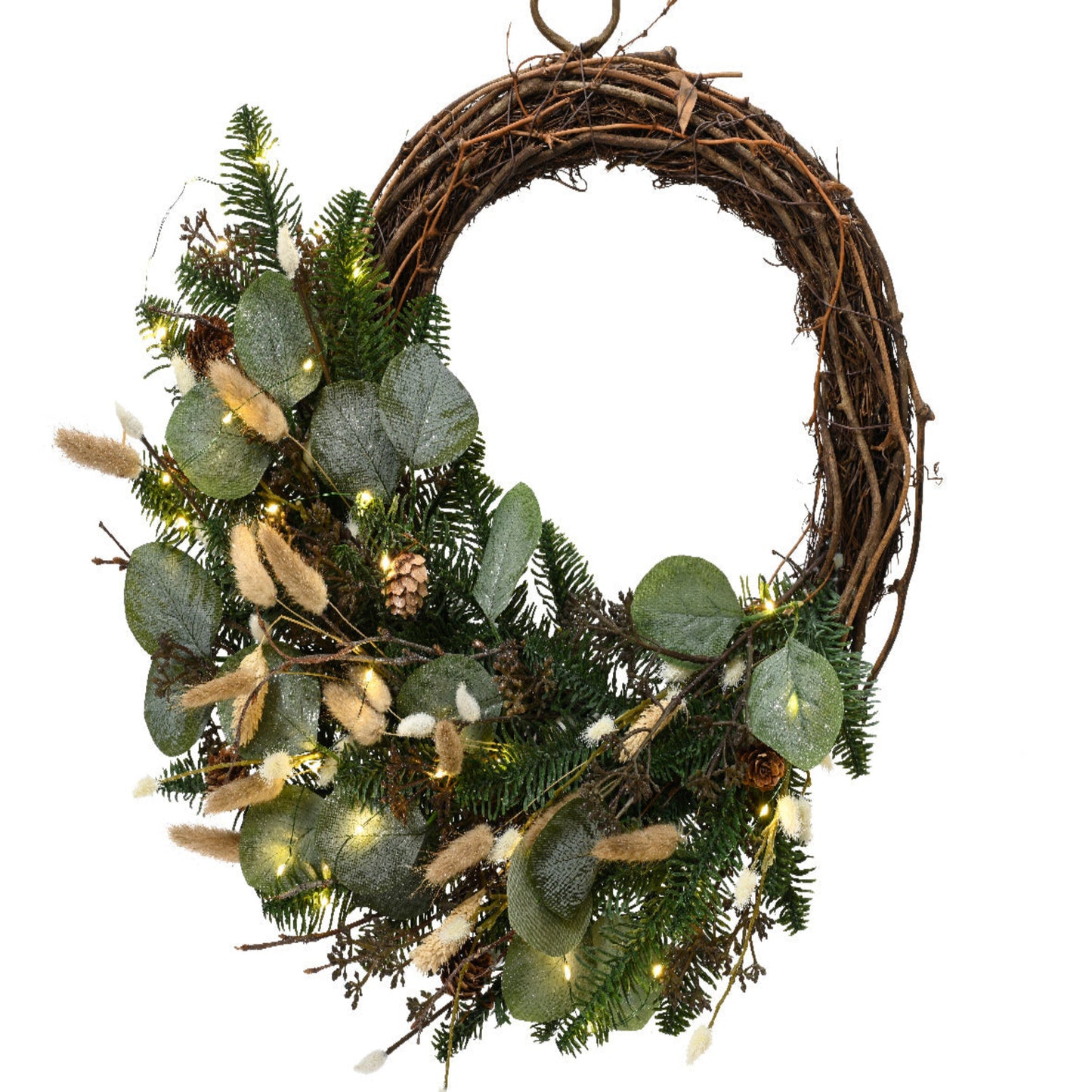 Tail grass wreath frosted tail grass/white berry/pinecone Micro LED BO indoor1pc - 40 cm