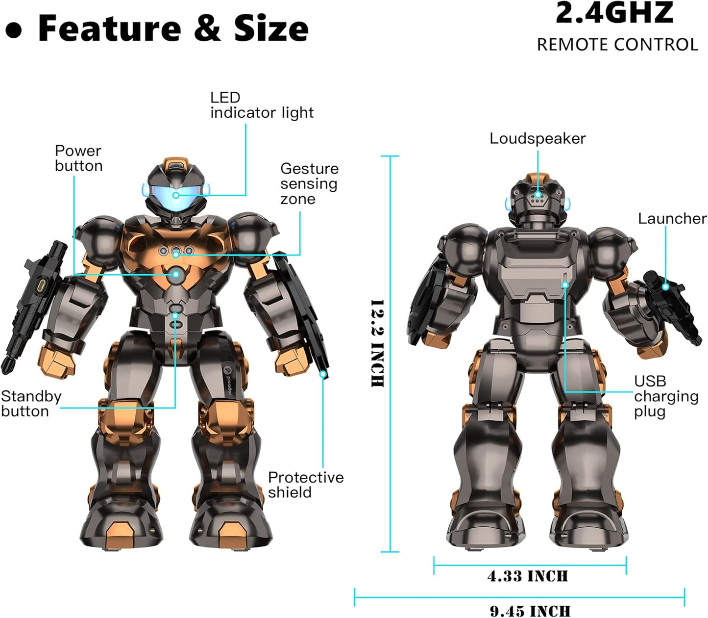 PP PICADOR Programmable Smart RC Robot Toy - Gesture Sensing, Rechargeable Robotics Kit for Kids (Ages 5-10) - Matte Metallic
