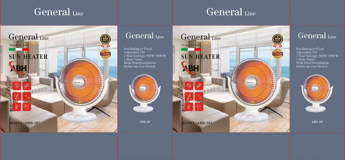 General Line Sun Heater, Oscillating , 2 heating settings 500w/1000w, 1 hour timer wide heat distribution, safety tip-over switch