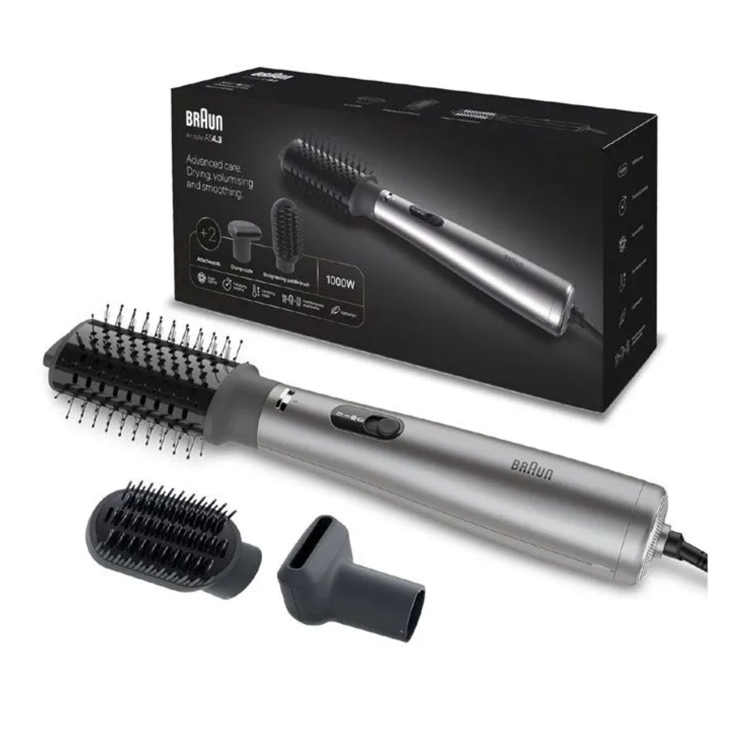 Braun Air Styler AS4.3, Advanced Care, Hair Drying, Volumiser and Smoothing, 1000 Watts, with 2 Attachment Drying Nozzle and Paddle Brush, Air Brush – Ionic Grey