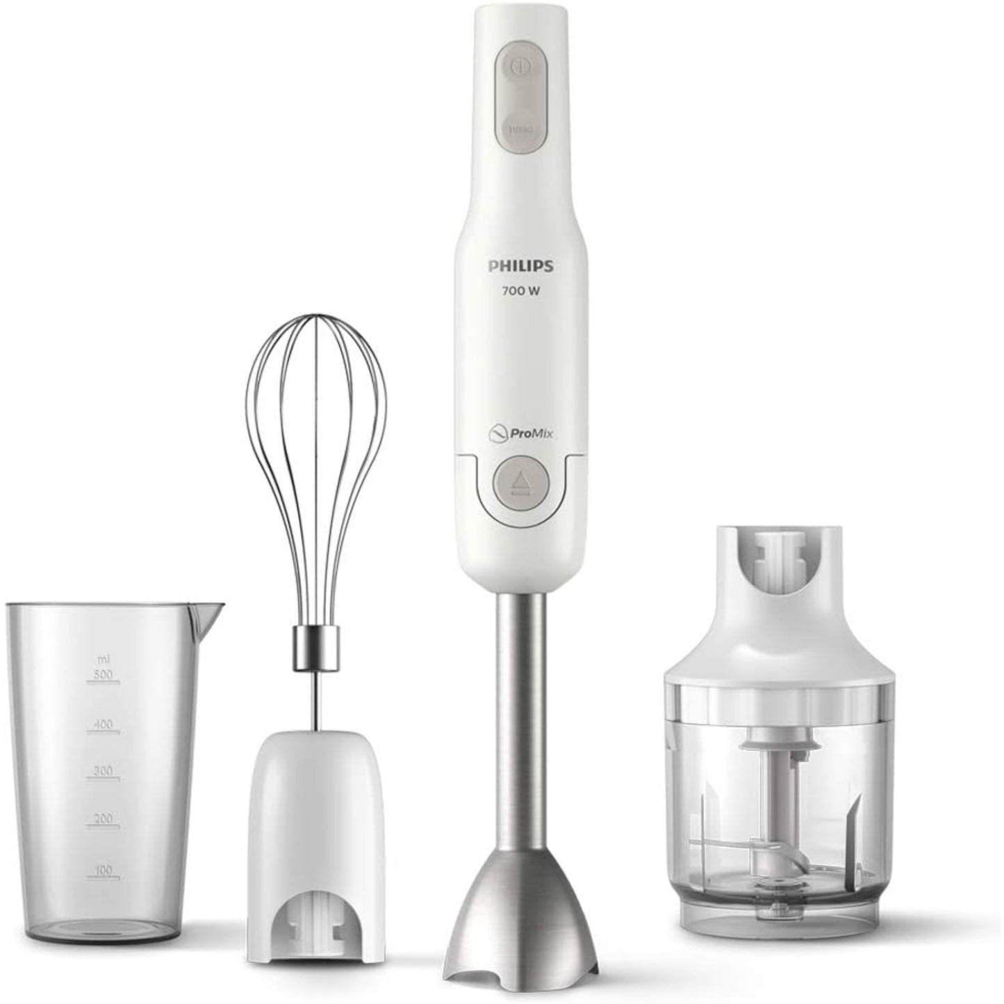 Philips Hand Blender, New Daily+ Collection, 700 W, White, ProMix Technology, 2 Speed Settings + Turbo, Metal Bar, Whisk, Compact Chopper, Glass
