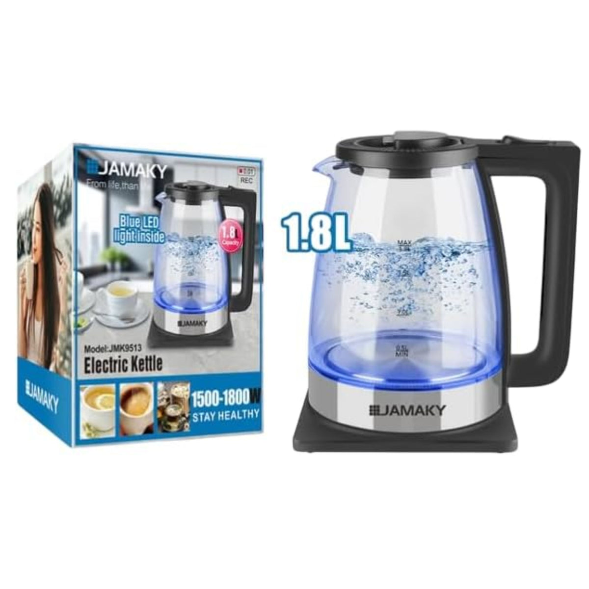 Jamaky Electric Kettle with Italian Technology, Used in Home & Office, Elegant Design, Aesthetic Design, Fast Heating 1500-1800W, Large Capacity (1.8L), Auto Shut-Off when Boiling, 360 Swivel Base