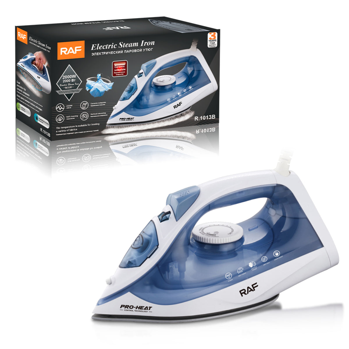 RAF Popular Vertical Steam Iron with Ceramic Soleplate R.1013B Electric Press for Household Ironing of Fabric Cloth - 2000W
