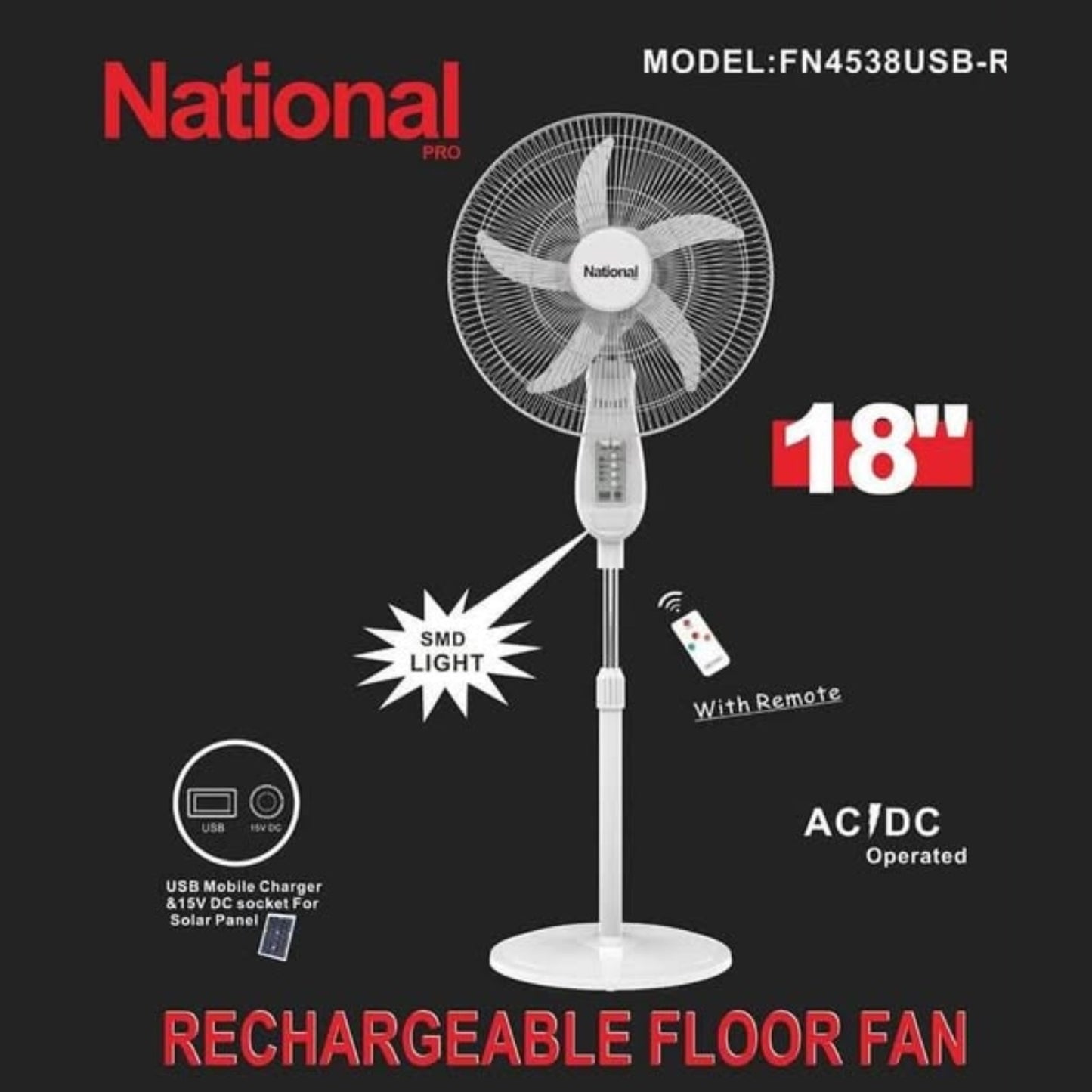 Rechargeable stand Fan 18 inch national Line with remote