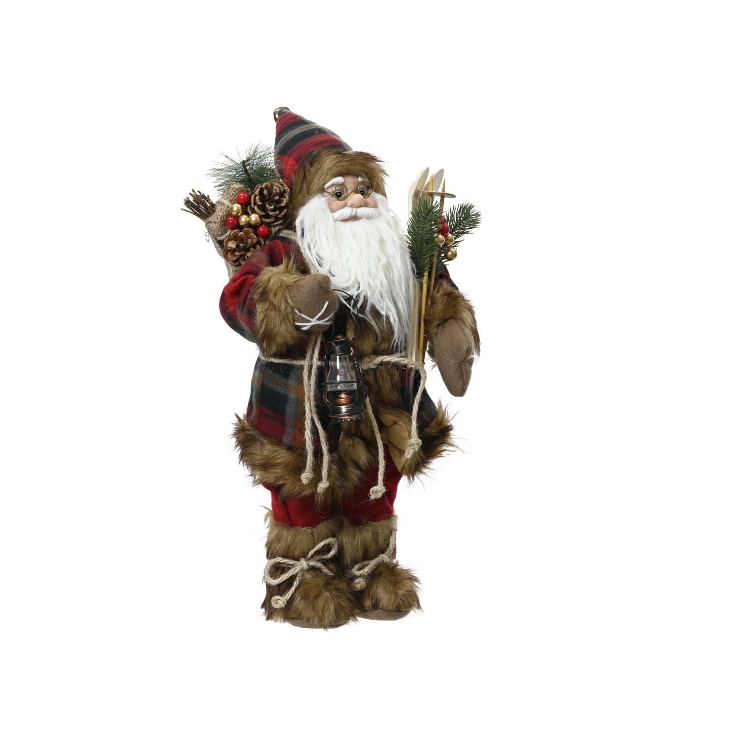 Santa polyester plastic body with red coat in check pattern with christmas hat branch/berry, ski, lantern 45cm